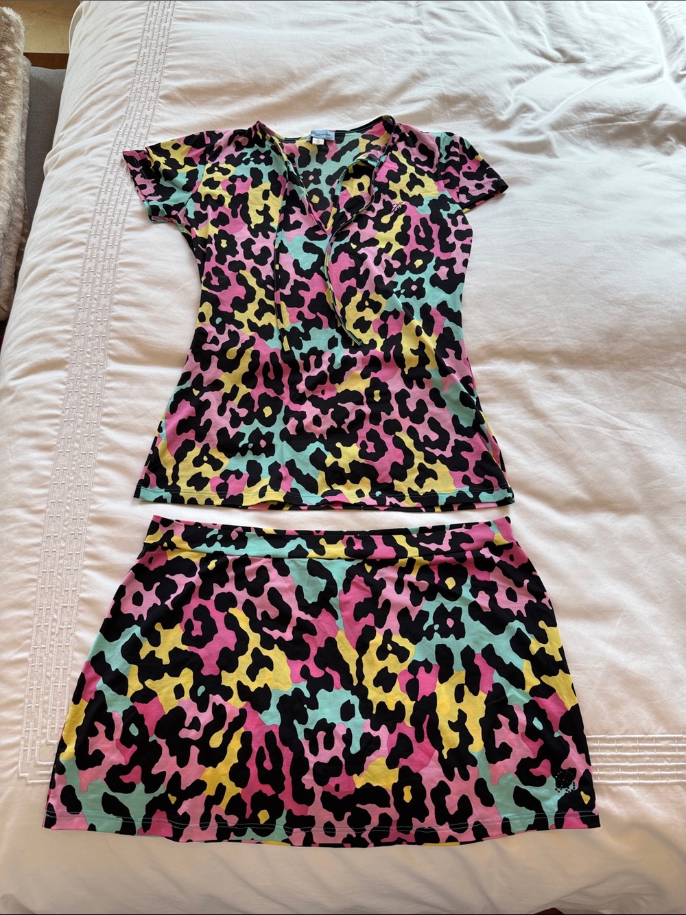 Blumarine Pink, Yellow, Aqua & Black Leopard Mini Skirt Set